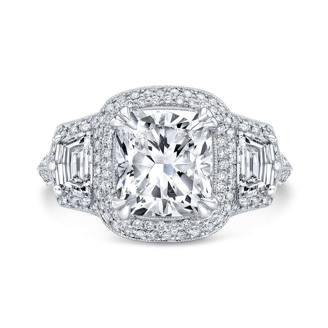 Micro Pave Halo 3 Stone Cadillac Split Shank Diamond Engagement Ring