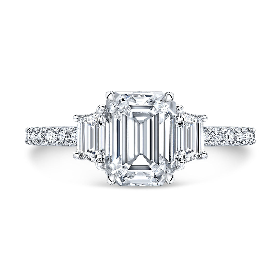 Three Stone Trapezoid Pave Diamond Engagement Ring