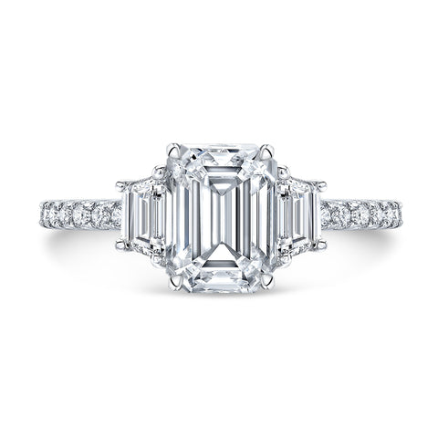 Three Stone Trapezoid Pave Diamond Engagement Ring