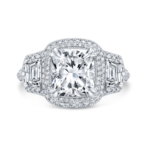 Micro Pave Halo 3 Stone Cadillac Split Shank Diamond Engagement Ring