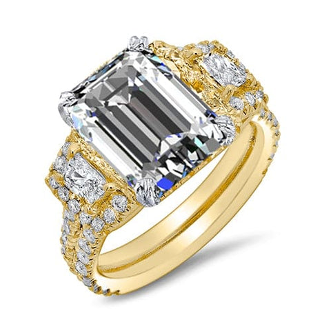 3-Stone Trapezoid 2 Row Pave Diamond Engagement Ring