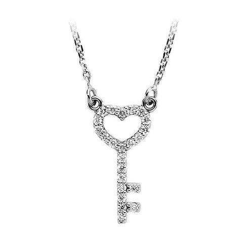 14k white gold diamond key heart necklace