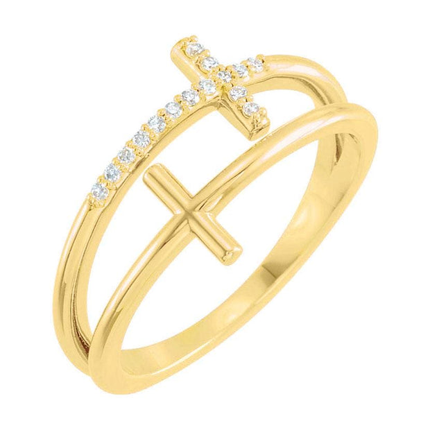 14k yellow gold double cross diamond ring 